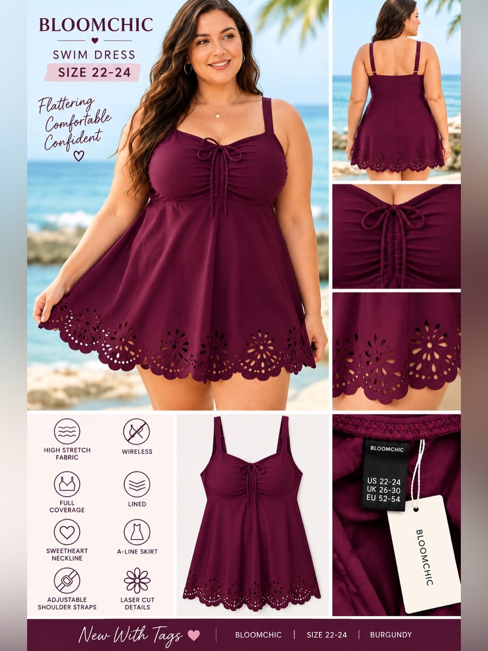 NWT BloomChic Plus-Size Laser-Cut A-Line Swim Dress in Plum